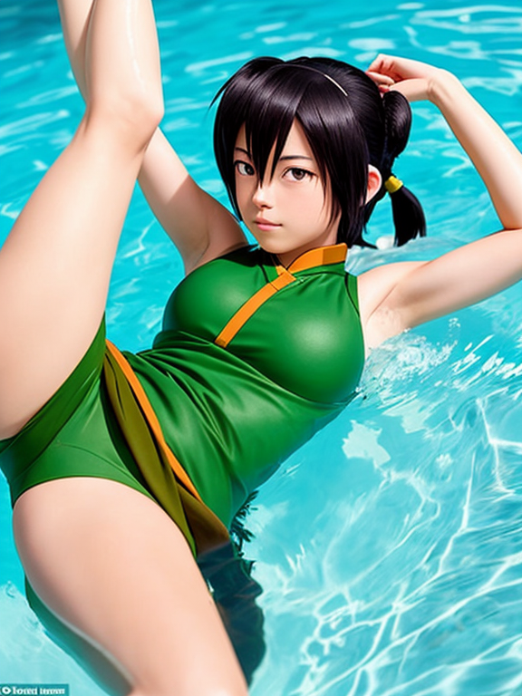 Make an image of Toph from the last air bender make it more like the show’s design now show her in the pool