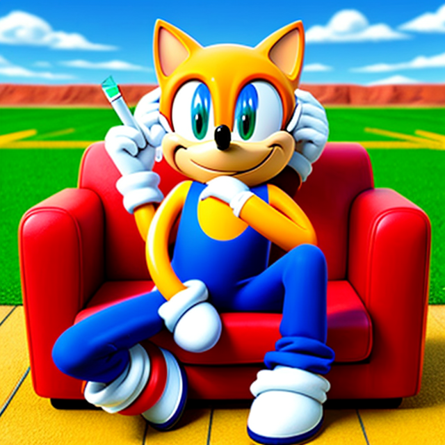 Original Sonic with the visual style of early 2000s video game graphics. No background. He is sitting and smoking.