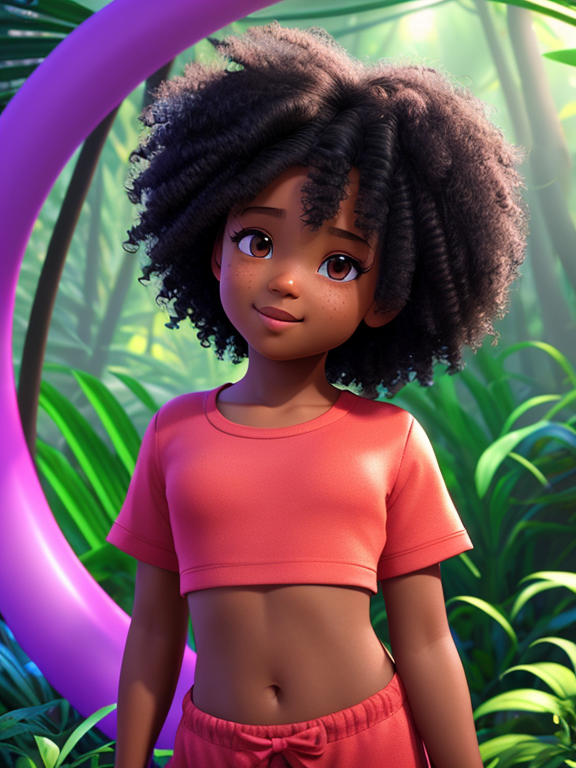 little black female curly hair named timmy, Pixar, Disney, concept art, 3d digital art, Maya 3D, ZBrush Central 3D shading, bright colored background, radial gradient background, cinematic, Reimagined by industrial light and magic, 4k resolution post processing, Bangs, in a jungle