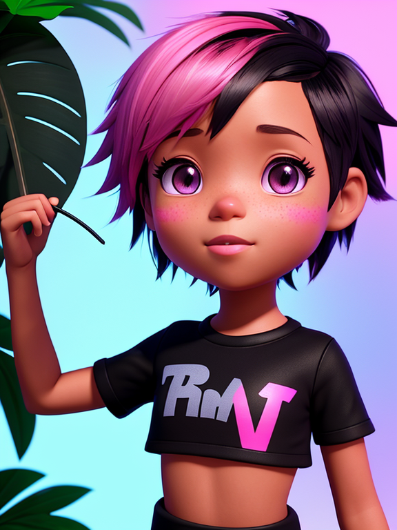 little black female short pink hair named timmy, Pixar, Disney, concept art, 3d digital art, Maya 3D, ZBrush Central 3D shading, bright colored background, radial gradient background, cinematic, Reimagined by industrial light and magic, 4k resolution post processing, Bangs, in a jungle