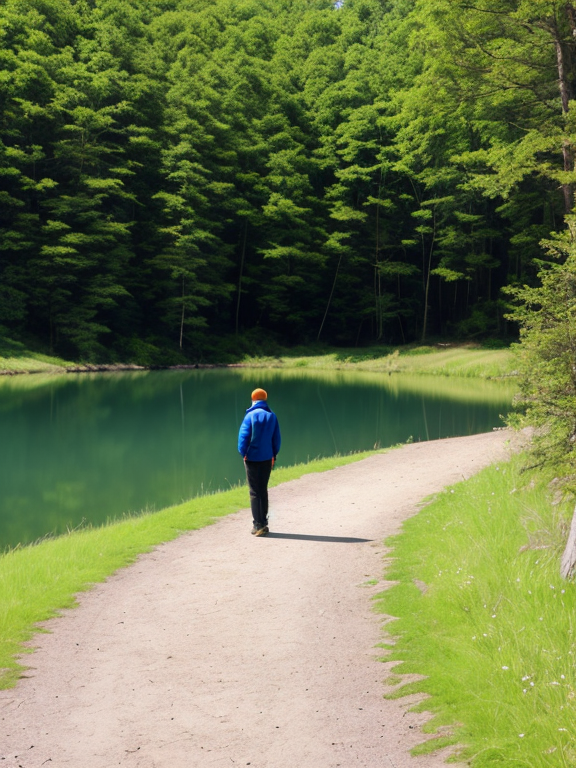 a person standing on a path near a body of water, possibly a lake. The person is wearing outdoor clothing and there are trees, clouds, grass, and a clear sky in the background.