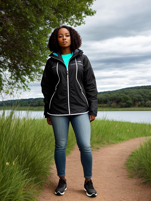 a black female, front view standing on a path near a body of water, possibly a lake. The person is wearing outdoor clothing and there are trees, clouds, grass, and a clear sky in the background.