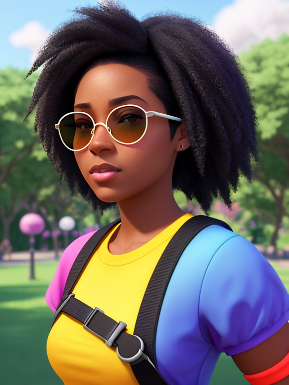 late 20s black female, sunglasses, pony tail named Leaila, Pixar, Disney, concept art, 3d digital art, Maya 3D, ZBrush Central 3D shading, bright colored background, radial gradient background, cinematic, Reimagined by industrial light and magic, 4k resolution post processing, Bangs, in a park