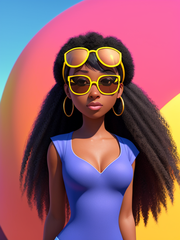28 year old black female, sunglasses, outdoor dressing, named Leaila, Pixar, Disney, concept art, 3d digital art, Maya 3D, ZBrush Central 3D shading, bright colored background, radial gradient background, cinematic, Reimagined by industrial light and magic, 4k resolution post processing, Bangs, in a law class