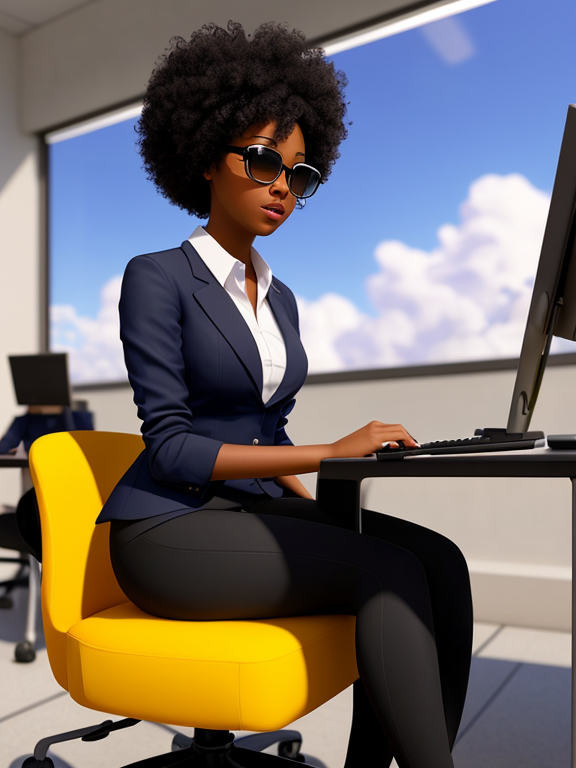 28 year old black female, sunglass, outdoor dressing, seated in class, listening to the professor, full body view named Leaila, Pixar, Disney, concept art, 3d digital art, Maya 3D, ZBrush Central 3D shading, bright colored background, radial gradient background, cinematic, Reimagined by industrial light and magic, 4k resolution post processing, Bangs, in a law class