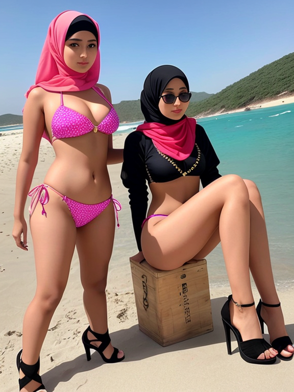 Two younger sister muslim bikini  high heels hijab
