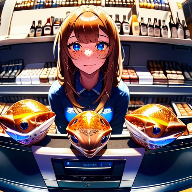 a photo of a beautiful, cute, Subwoofers girl, standing behind the counter, blue eyes, shiny skin, freckles, detailed skin, price labels, a masterpiece