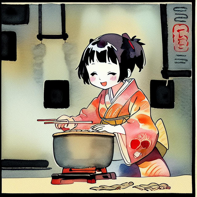 Subwoofers girl, wearing traditional kimono, cooking ramen, art detailed cartoon clip art, illustration, Cartoon, watercolor, ink illustration, in the style of Studio Ghibli Beige, traditional japanese Folding screens, cute + Abstract --v 4, painting art