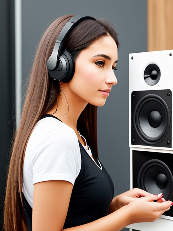 a woman wearing headphones and holding a pair of speakers