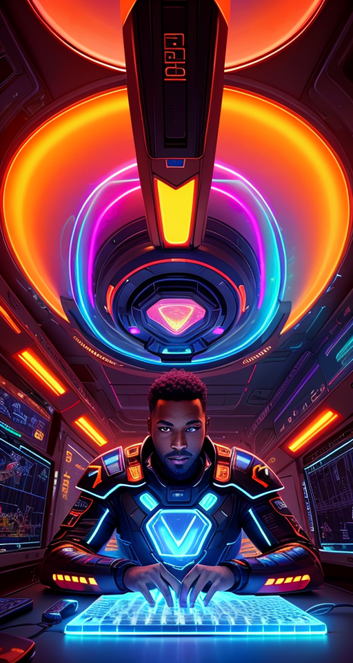 handsome black genius at his gaming pc, holographic keyboard and curved digital holographic displays, luxury interior, electric orange glowing lights, highly detailed, digital painting, artstation, concept art, smooth, sharp focus, illustration, art by wlop, mars ravelo and greg rutkowski