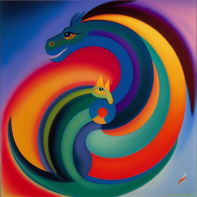 Water Dragon: A dragon associated with the sea, often depicted with aquatic features like fins, webbed feet, and a long, serpentine tail. It may have scales in shades of blue or green and be surrounded by crashing waves. look powerful and strong , mermaids, and gryphons, with musical elements like notes and instruments, The artist's use of rhythmic patterns and harmonious colors evokes the sense of a symphony of mythical beings. Artist: Wassily Kandinsky, known for his abstract art and emphasis on the connection between music and painting., Mythical Symphony, An abstract artwork that combines mythical creatures 