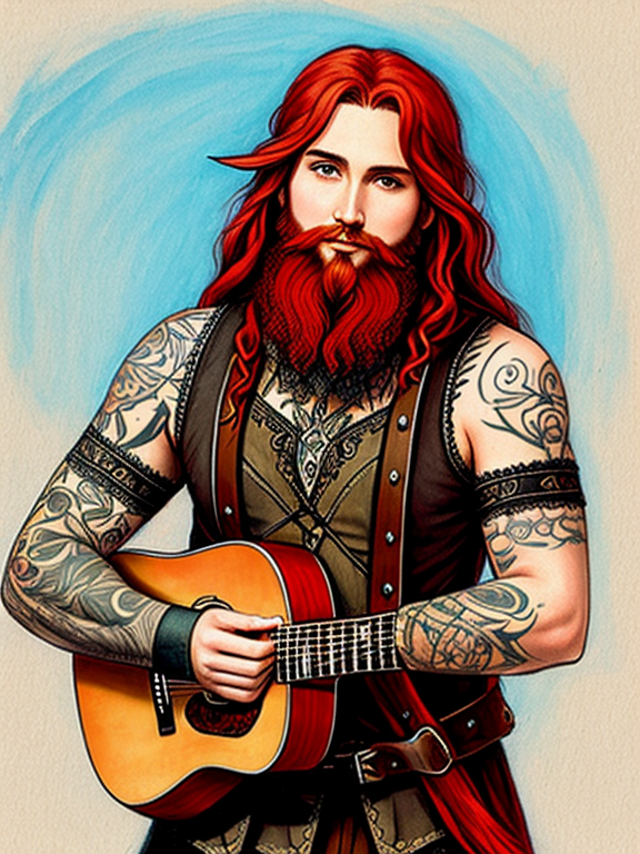 sketch of Half elf with long red hair and a Shakespearian beard. He is holding an acoustic guitar and both his arms have tattoo sleeves. 