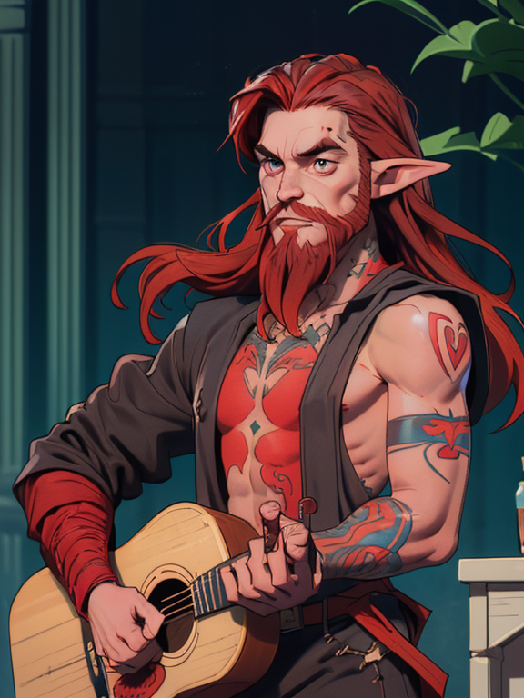 sketch of Half elf with long red hair and a Shakespearian beard. He is holding an acoustic guitar and both his arms have tattoo sleeves. His chest is tattooed as well 