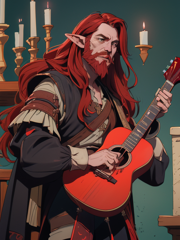 sketch of Half elf with long red hair and a Shakespearian beard. He is holding an acoustic guitar and looks like a medieval Rockstar