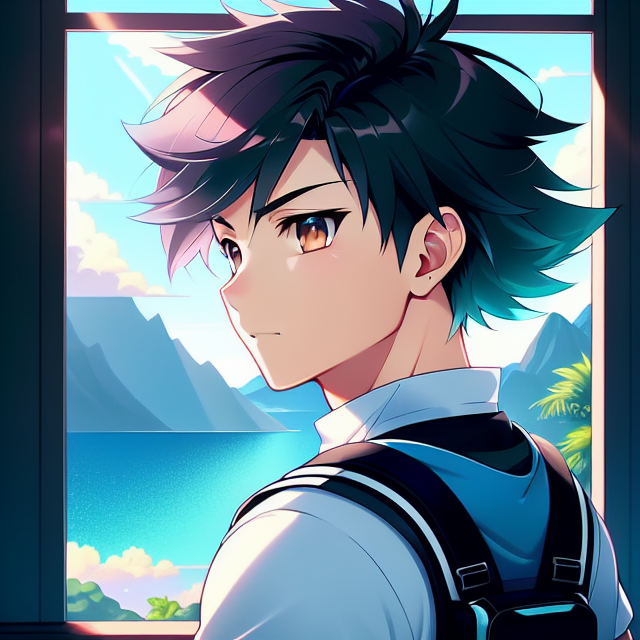 Anime male pokemon trainer, latino, handsome , scenic view window, digital art by artists such as Loish, Ross Tran, and Artgerm, highly detailed and smooth, with a playful and whimsical feel, trending on Artstation and Instagram, 2d art, Lofi Music Anime Illustrations Wallpapers, unique and eye-catching thumbnails, covers for your YouTube videos and music tracks, Vector illustration, 2D, Anime style