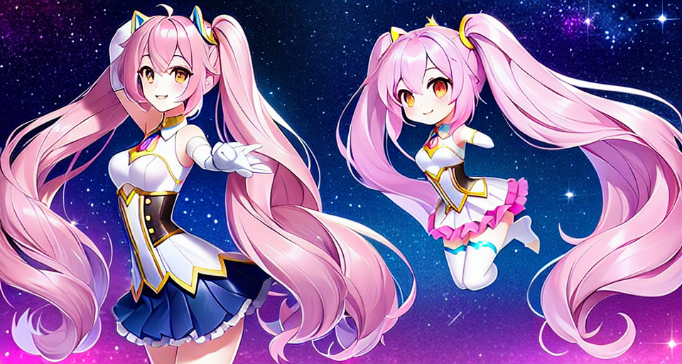 1girl, best quality, amazing quality,  very aesthetic,  body focus, anatomy pose, symmetrical pose, front view, full body, white skin, thin waist, medium breast, very pink and bright eyes, 16 age old, best body, long wavy hair, little neckline, side long hair, fluffy hair, long sides twintails like Miku, top black bear ears, streaked hair, pink hair, fuchsia hair, messy hair, corset and skirt of the 
