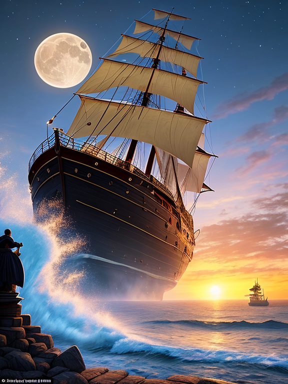 Create an evocative digital artwork depicting a rugged pirate ship sailing on turbulent seas under a moonlit sky. In the foreground, portray a passionate embrace between a beautiful princess and a daring pirate, their figures silhouetted against the backdrop of the ship. Include subtle hints of the story's setting, such as a medieval castle perched on a cliff in the distance or treasure chests overflowing with gold coins on the ship's deck. Infuse the scene with a sense of adventure, romance, and intrigue.