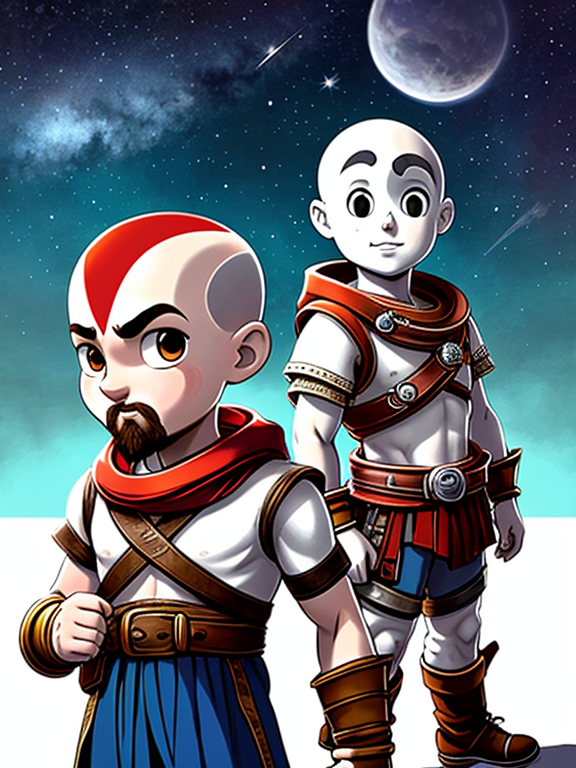 kratos from god of war, white background, playful, cartoon-style illustration of the astronaut kid and their alien sidekick embarking on a wacky, sci-fi adventure.