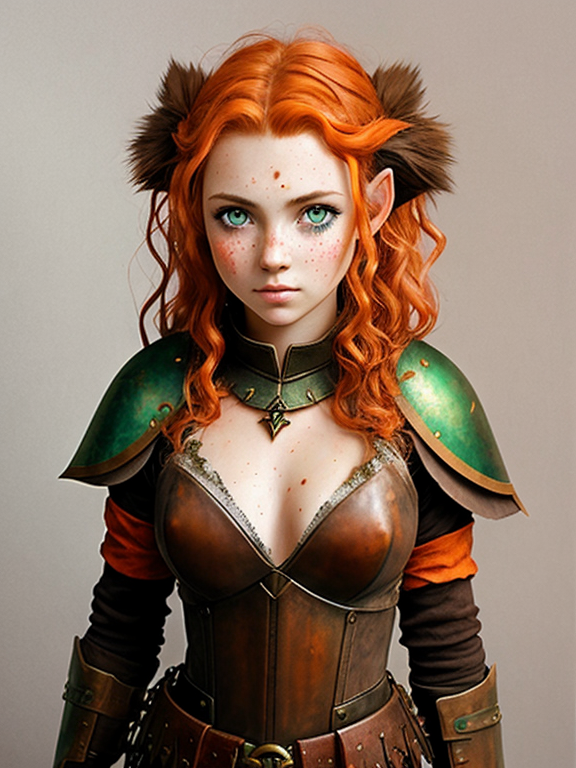 disheveled dirty half elf girl (13) with orange-red curly hair, freckles, and eyes with bronze-coloured irises. looks haunted. wears brown leather armour. watercolour style