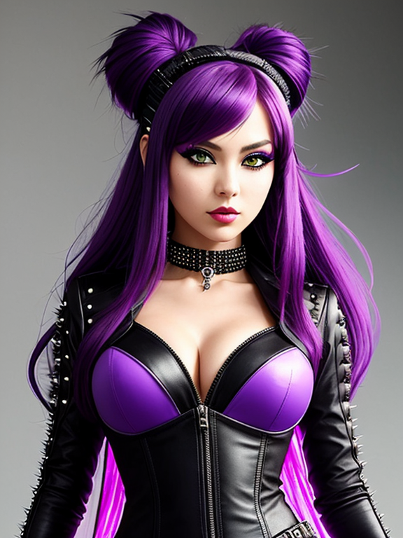 This female anime character embodies the essence of a poisonous sea urchin with a rebellious twist. Her medium-length hair is a chaotic canvas of deep purple, almost black, with tips that emit a vibrant neon pink, resembling the venomous hues of her inspiration. Dark purple spikes protrude from her head, reminiscent of decorative headwear, adding an edgy charm to her appearance.  As a popular student at the fantasy academy, she exudes confidence and charisma. Her personality is a dynamic mix of rebelliousness, bubbly energy, and carefree spirit, drawing others to her effortlessly.  Her outfit is both stylish and functional for combat, reflecting her bold personality. She wears a sleek mint green bodysuit adorned with intricate poison-themed patterns in shades of purple, accentuating her dangerous allure. Layered atop the bodysuit is a black leather jacket adorned with spikes, adding an extra edge to her ensemble.  Completing her look are black combat boots that convey her readiness for action and adventure. Additional accessories include spiked bracelets and choker, adding a fierce touch to her outfit while complementing her overall vibe.  Overall, her character design seamlessly blends the mystique of a poisonous sea urchin with elements of rebellion and style, creating a captivating image that embodies her personality and role at the fantasy academy.