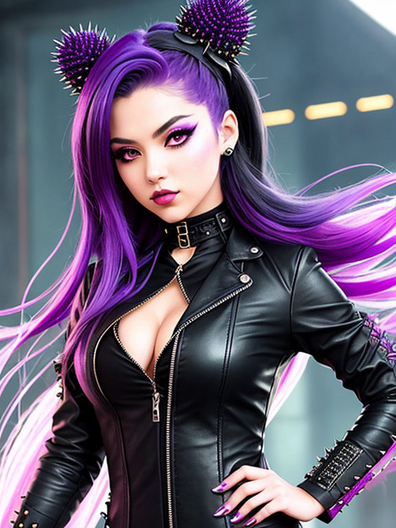 This female anime character embodies the essence of a poisonous sea urchin with a rebellious twist. Her medium-length hair is a chaotic canvas of deep purple, almost black, with tips that emit a vibrant neon pink, resembling the venomous hues of her inspiration. Dark purple spikes protrude from her head, reminiscent of decorative headwear, adding an edgy charm to her appearance.  As a popular student at the fantasy academy, she exudes confidence and charisma. Her personality is a dynamic mix of rebelliousness, bubbly energy, and carefree spirit, drawing others to her effortlessly.  Her outfit is both stylish and functional for combat, reflecting her bold personality. She wears a sleek mint green bodysuit adorned with intricate poison-themed patterns in shades of purple, accentuating her dangerous allure. Layered atop the bodysuit is a black leather jacket adorned with spikes, adding an extra edge to her ensemble.  Completing her look are black combat boots that convey her readiness for action and adventure. Additional accessories include spiked bracelets and choker, adding a fierce touch to her outfit while complementing her overall vibe.  Overall, her character design seamlessly blends the mystique of a poisonous sea urchin with elements of rebellion and style, creating a captivating image that embodies her personality and role at the fantasy academy.