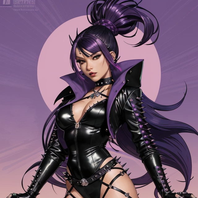 This female anime character embodies the essence of a poisonous sea urchin with a rebellious twist. Her medium-length hair is a chaotic canvas of deep purple, almost black, with tips that emit a vibrant neon pink, resembling the venomous hues of her inspiration. Dark purple spikes protrude from her head, reminiscent of decorative headwear, adding an edgy charm to her appearance.  As a popular student at the fantasy academy, she exudes confidence and charisma. Her personality is a dynamic mix of rebelliousness, bubbly energy, and carefree spirit, drawing others to her effortlessly.  Her outfit is both stylish and functional for combat, reflecting her bold personality. She wears a sleek mint green bodysuit adorned with intricate poison-themed patterns in shades of purple, accentuating her dangerous allure. Layered atop the bodysuit is a black leather jacket adorned with spikes, adding an extra edge to her ensemble.  Completing her look are black combat boots that convey her readiness for action and adventure. Additional accessories include spiked bracelets and choker, adding a fierce touch to her outfit while complementing her overall vibe.  Overall, her character design seamlessly blends the mystique of a poisonous sea urchin with elements of rebellion and style, creating a captivating image that embodies her personality and role at the fantasy academy., planar vector, character design, japan style artwork, on a shamanic vision quest, with beautiful nocturnal sun and lush Amazon jungle in the background, subtle geometric patterns, clean white background, professional vector, full shot, 8K resolution, deep impression illustration, sticker type, vibrant color, colorful background, a painting illustration , 2D