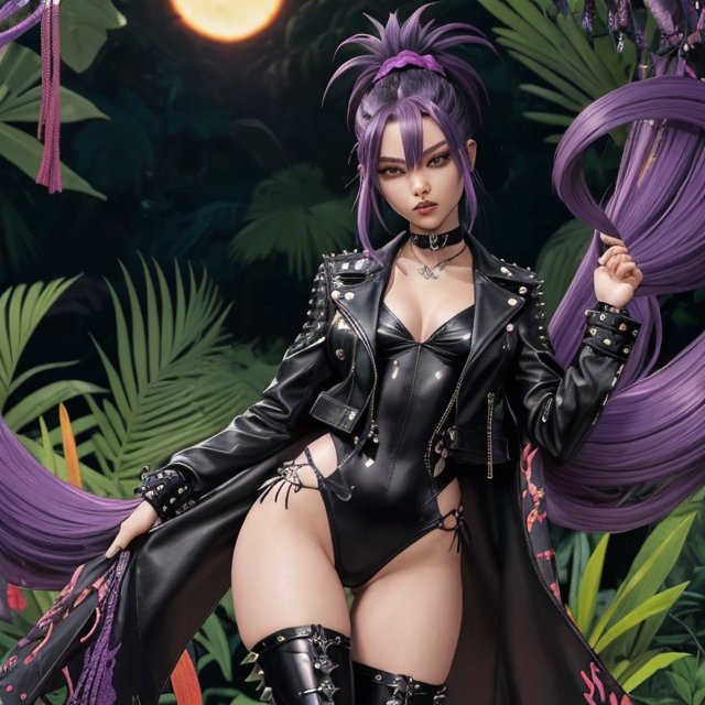 This female anime character embodies the essence of a poisonous sea urchin with a rebellious twist. Her medium-length hair is a chaotic canvas of deep purple, almost black, with tips that emit a vibrant neon pink, resembling the venomous hues of her inspiration. Dark purple spikes protrude from her head, reminiscent of decorative headwear, adding an edgy charm to her appearance.  As a popular student at the fantasy academy, she exudes confidence and charisma. Her personality is a dynamic mix of rebelliousness, bubbly energy, and carefree spirit, drawing others to her effortlessly.  Her outfit is both stylish and functional for combat, reflecting her bold personality. She wears a sleek mint green bodysuit adorned with intricate poison-themed patterns in shades of purple, accentuating her dangerous allure. Layered atop the bodysuit is a black leather jacket adorned with spikes, adding an extra edge to her ensemble.  Completing her look are black combat boots that convey her readiness for action and adventure. Additional accessories include spiked bracelets and choker, adding a fierce touch to her outfit while complementing her overall vibe.  Overall, her character design seamlessly blends the mystique of a poisonous sea urchin with elements of rebellion and style, creating a captivating image that embodies her personality and role at the fantasy academy., planar vector, character design, japan style artwork, on a shamanic vision quest, with beautiful nocturnal sun and lush Amazon jungle in the background, subtle geometric patterns, clean white background, professional vector, full shot, 8K resolution, deep impression illustration, sticker type, vibrant color, colorful background, a painting illustration , 2D