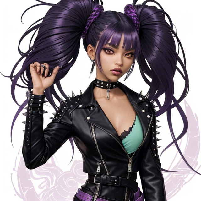 This female anime character embodies the essence of a poisonous sea urchin with a rebellious twist. Her medium-length hair is a chaotic canvas of deep purple, almost black, with tips that emit a vibrant neon pink, resembling the venomous hues of her inspiration. Dark purple spikes protrude from her head, reminiscent of decorative headwear, adding an edgy charm to her appearance.  As a popular student at the fantasy academy, she exudes confidence and charisma. Her personality is a dynamic mix of rebelliousness, bubbly energy, and carefree spirit, drawing others to her effortlessly.  Her outfit is both stylish and functional for combat, reflecting her bold personality. She wears a sleek mint green bodysuit adorned with intricate poison-themed patterns in shades of purple, accentuating her dangerous allure. Layered atop the bodysuit is a black leather jacket adorned with spikes, adding an extra edge to her ensemble.  Completing her look are black combat boots that convey her readiness for action and adventure. Additional accessories include spiked bracelets and choker, adding a fierce touch to her outfit while complementing her overall vibe.  Overall, her character design seamlessly blends the mystique of a poisonous sea urchin with elements of rebellion and style, creating a captivating image that embodies her personality and role at the fantasy academy., A simple, minimalistic art with mild colors, using Boho style, aesthetic, watercolor