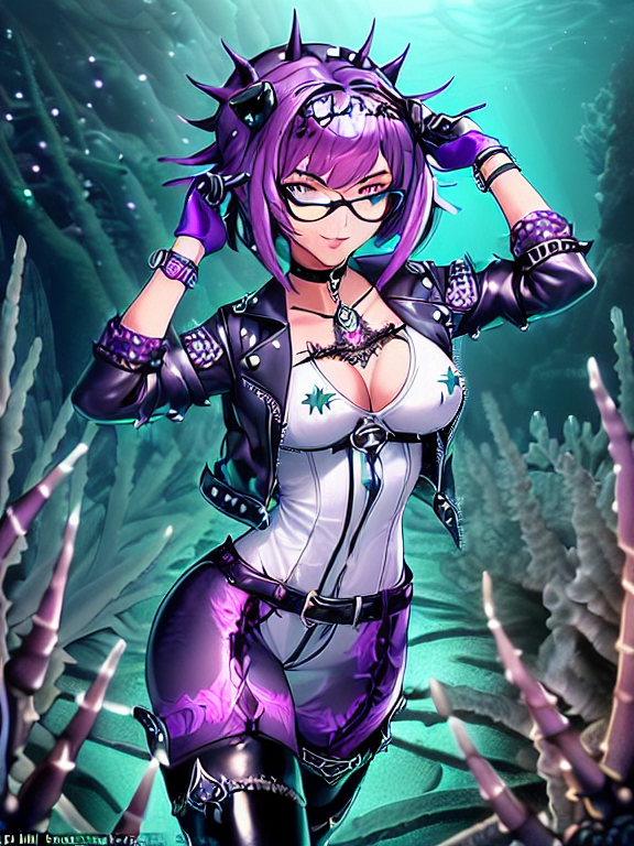 This female anime character embodies the essence of a poisonous sea urchin with a rebellious twist. Her medium-length hair is a chaotic canvas of deep purple, almost black, with tips that emit a vibrant neon pink, resembling the venomous hues of her inspiration. Dark purple spikes protrude from her head, reminiscent of decorative headwear, adding an edgy charm to her appearance.  As a popular student at the fantasy academy, she exudes confidence and charisma. Her personality is a dynamic mix of rebelliousness, bubbly energy, and carefree spirit, drawing others to her effortlessly.  Her outfit is both stylish and functional for combat, reflecting her bold personality. She wears a sleek mint green bodysuit adorned with intricate poison-themed patterns in shades of purple, accentuating her dangerous allure. Layered atop the bodysuit is a black leather jacket adorned with spikes, adding an extra edge to her ensemble.  Completing her look are black combat boots that convey her readiness for action and adventure. Additional accessories include spiked bracelets and choker, adding a fierce touch to her outfit while complementing her overall vibe.  Overall, her character design seamlessly blends the mystique of a poisonous sea urchin with elements of rebellion and style, creating a captivating image that embodies her personality and role at the fantasy academy., ((best quality)), (highly detailed)), Masterpiece, ((official art)), (detailed eyes, deep eyes), (1girl:1, 33, solo), low-tied long hair,  hair rings, Medium breasts,  wide hips, thick thighs, ((:p)), skin tight, Latex, thigh boots,  (goggles, goggles on head), (white gloves), belt