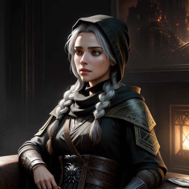 detailed symmetric beautiful hazel eyes, Medieval. Assassin with a black hood. Silver hair in a single braid. Woman. Green eyes. She sits on a sofa, looking frustrated. She sits next to a man with a brown ponytail. The man is handsome., apocalyptic environment, splatter drippings, style of Horizon Zero Dawn, style of Brian Froud, Carne Griffiths, Wadim Kashin, John William Waterhouse, centre image, golden hour, 8k, soft lighting aesthetic, edge-to-edge print, volumetric lighting, TanvirTamim, cinematic, colorful background, concept art, dramatic lighting, high detail, highly detailed, hyper realistic, intricate, intricate sharp details, octane render, smooth, studio lighting, trending on artstation