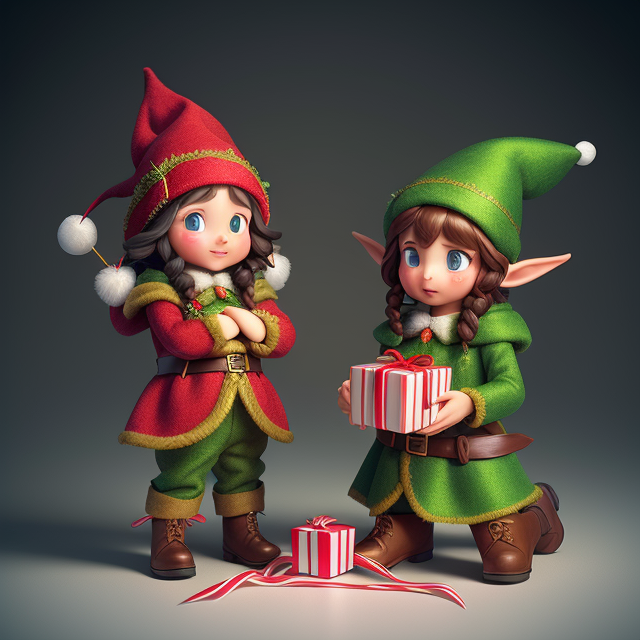 Two elves from North Pole are packing a present together. One of them has tangled the ribbon around his legs. 3D sculpture style, In the style of mike campau, Vray tracing, Serge marshennikov, Photo-realistic techniques, Energetic and bold, Mottled, Janek sedlar