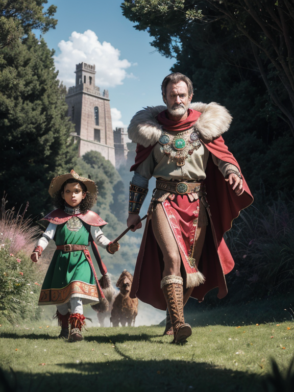 1970's dark fantasy coverbook depicting an adult man looking like Robin Williams dressed like a medieval populan, walking with a teen beardless boy, with curly hair and wearing a green clock. They're walking in a green field, the sky is pink and orange, the grass is green and there are big face-rocks made of pink rock., shoulder pads made from intricate wood carvings, stalking cape, hood, winds howl in the trees, natures wrath, r1ge, aztec warrior queen , aztec warrior style, Cyperpunk, wearing Aztec accessories