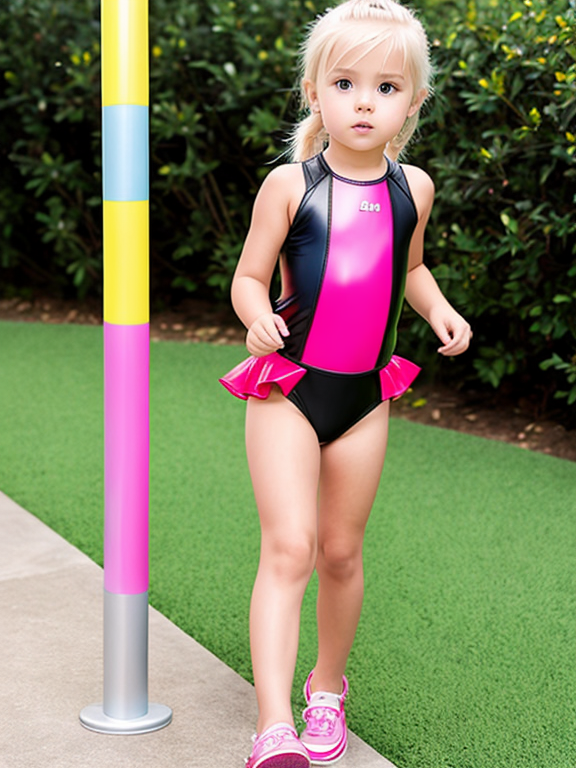 toddler girl in tight leather bathing suit blonde hair striding a pole