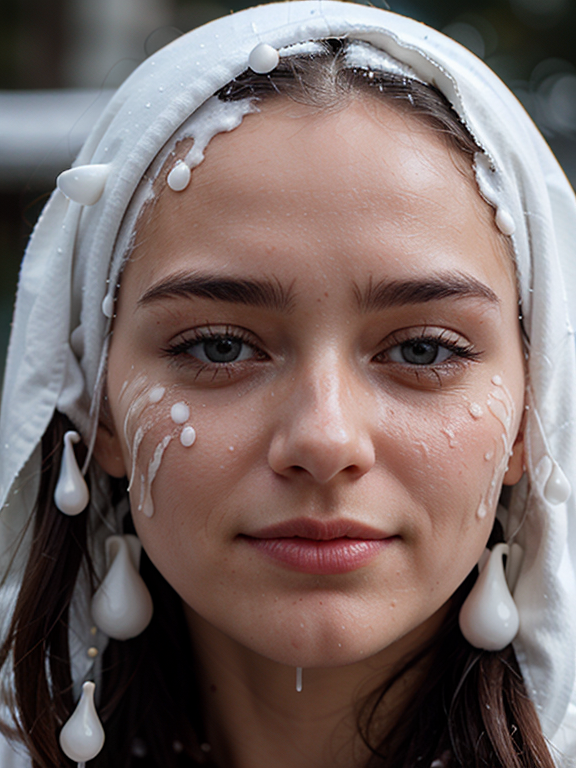 white creamy drops on face, face covered in white drops, white drops covered face, face covered in creamy white drops