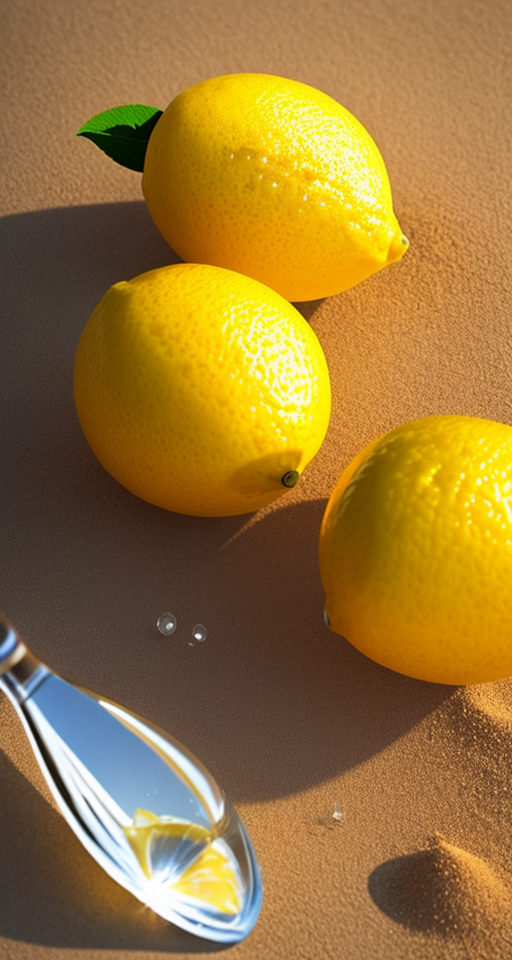 a super detailed fresh lemon and some water drops on lemon on sand , render in 8k