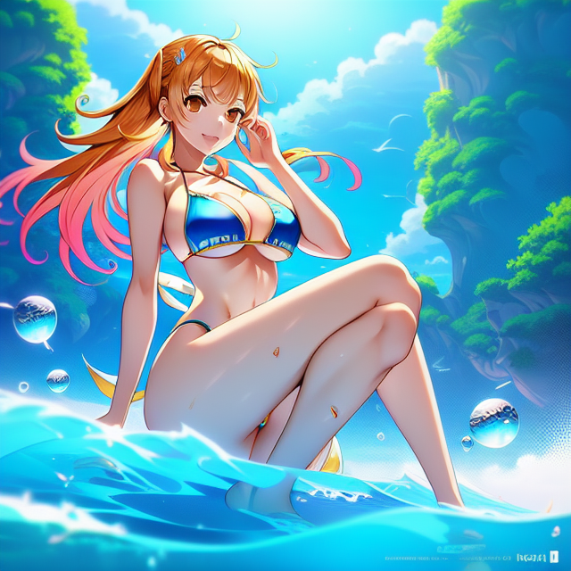 Create a photo of Nami in onepiece wearing a bikini, scenic view window, digital art by artists such as Loish, Ross Tran, and Artgerm, highly detailed and smooth, with a playful and whimsical feel, trending on Artstation and Instagram, 2d art, Lofi Music Anime Illustrations Wallpapers, unique and eye-catching thumbnails, covers for your YouTube videos and music tracks, Vector illustration, 2D, Anime style