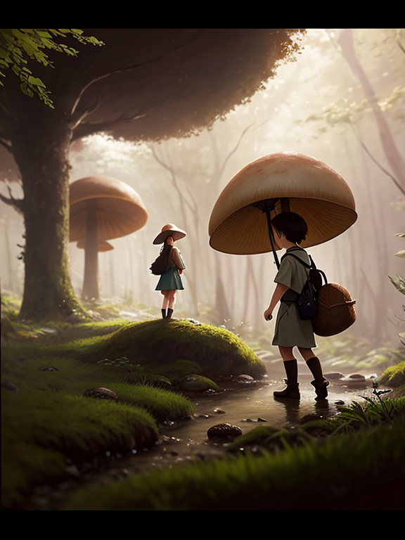 a tiny mushroom person with a mushroom for a head walking by a stream in a lush forest. cgsociety masterpiece, artstation trending, by rossdraws, ghibli, Kimi no Na wa, greg rutkowski