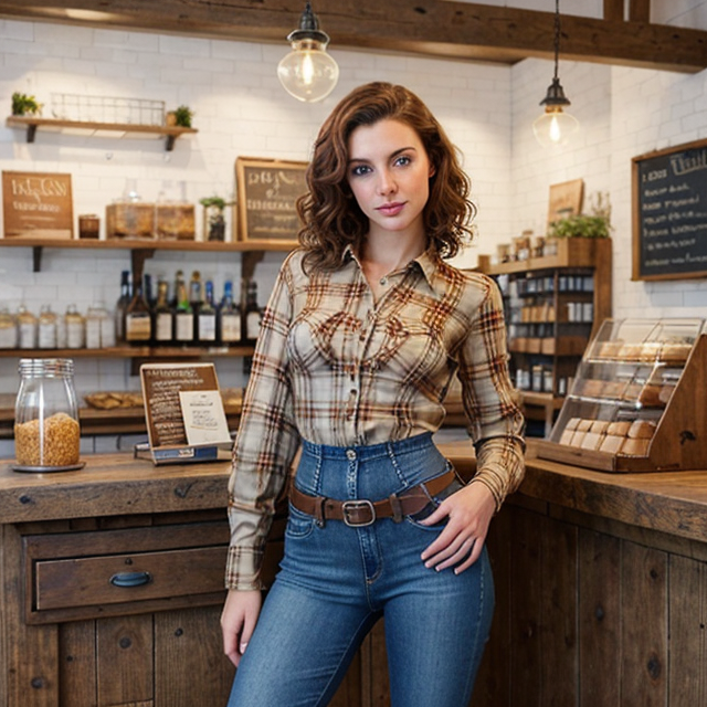 a photo of a beautiful, cute, beautiful girl, with delicate and thin features, steampunk, with short dark brown curly hair, full figure, jeans, checked shirt, boots, brown eyes, in the open countryside, standing behind the counter, blue eyes, shiny skin, freckles, detailed skin, price labels, a masterpiece
