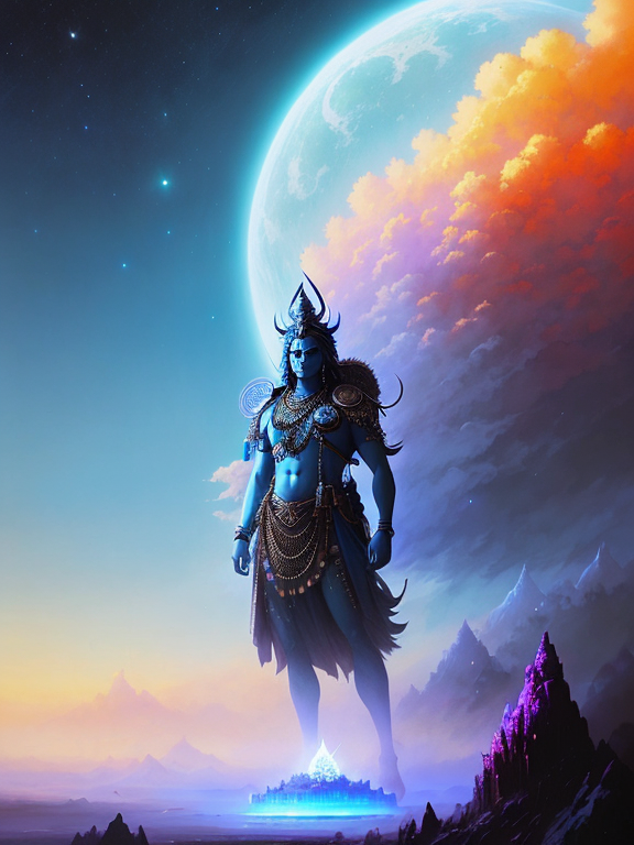 An epic majestic hindu god Shiva from Amar Chitra Katha, by Wayne Barlowe, by Ivan Aivazovsky, by Bruce Pennington, by Paul Lehr, masterpiece, oil on canvas, trending on artstation, top on pixiv, cinematic composition, dramatic scene, beautiful aesthetic lighting, artgem, concept art, sharp, high details, hyper-detailed, astrophotography, no frames, 8K⁷