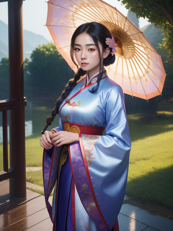 masterpiece ultra detailed, best quality, perfect face, detailed symmetric iris, perfect smooth skin texture, A Chinese girl wearing traditional clothes is standing on the porch holding an umbrella in the rain, digital art, illustration, full-body-shot:1, detailed round young teen face Good Hands, detailed piercing eyes, detailed luscious lips, realistic, realism, intricate, cinematic lighting, comprehensive cinematic, portrait photography, magical photography, (gradients), colorful, detailed landscape, cinematic bloom, hyper realism, soft light, dramatic light, sharp, HDR, (RSEEmma:1.5), wearing traditional clothes