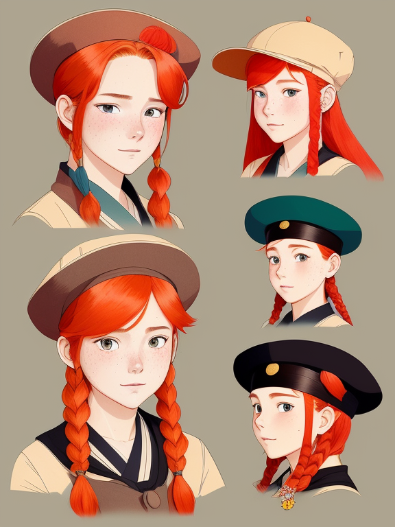 Ginger hair, male , traditional sailor hat, red hair, braided, with freckles on her face

Beautiful colors

Pencil sketches

Style of dan matutina

In the style of studio ghibli

Art by Hiroshi Saitō

Bold lines

Bold the drawing lines

One character