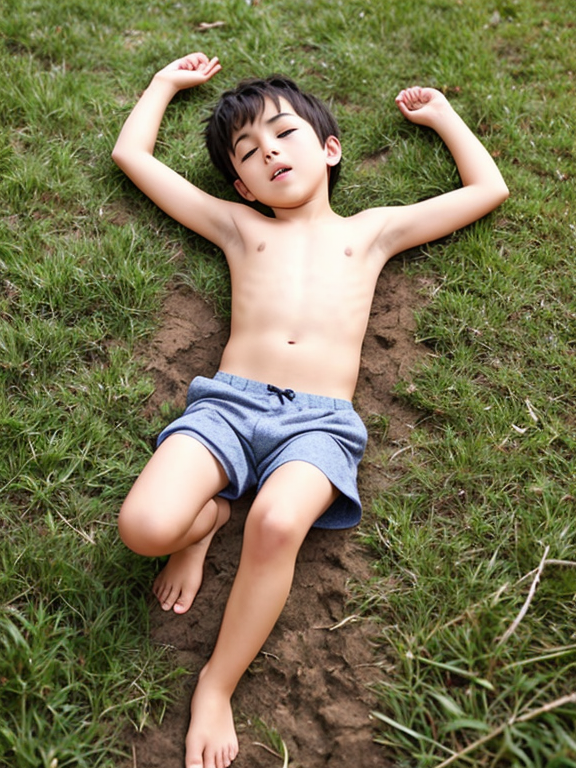 Boy playing dead bare feet 