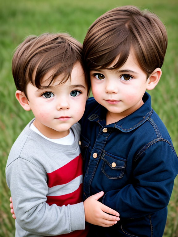 2 toddler boys with brown hair hugging each other