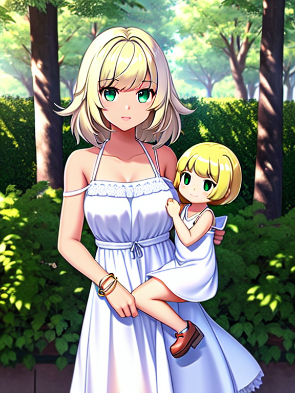 one Female Student named Liviana,Fair skin color,Long haircut,Blonde hair,Green eyes,wearing White Dress,holding/carrying Silver Bracelet