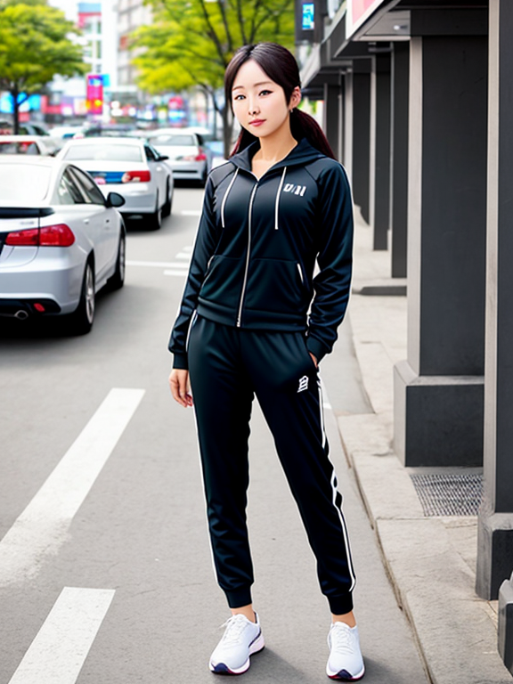 Photo of korean woman, wear gym suit, at public street