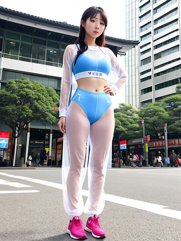 Photo of korean woman, wear transparent gym suit, at public street
