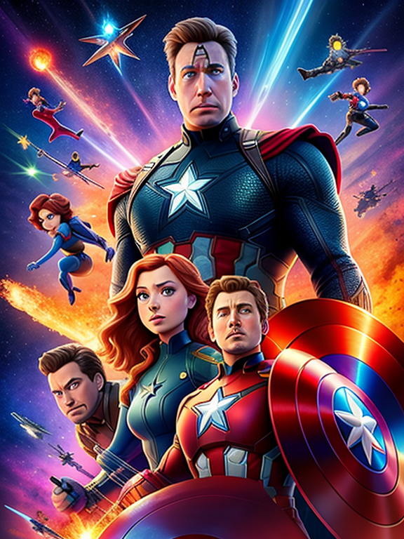 Pixar style, 3d style, Disney style, 8k, Beautiful, avengers movie poster with tittle, with all characters, 3D style rendered in 8k using, disney movie effect