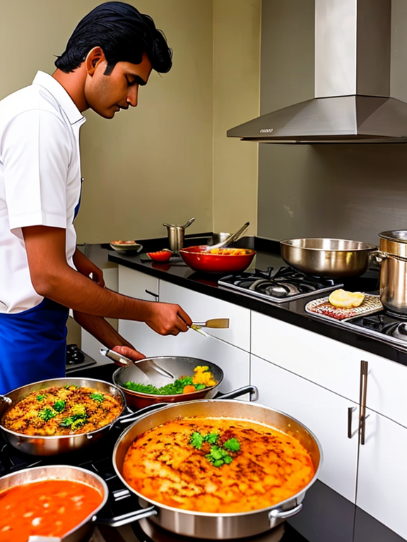 Indian man cooking and service food to his wife at home