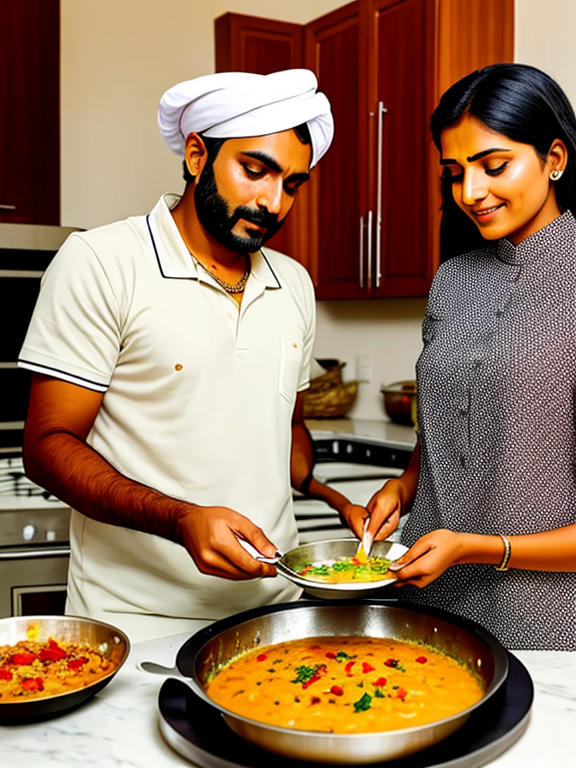 Indian man cooking and serving food to his wife at home