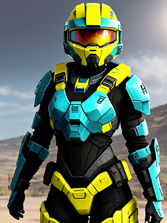 Create a picture of my halo reach spartan Emily, who has blue and yellow colored armor. Her helmet is CQB, she has a knife holster on her left shoulder.